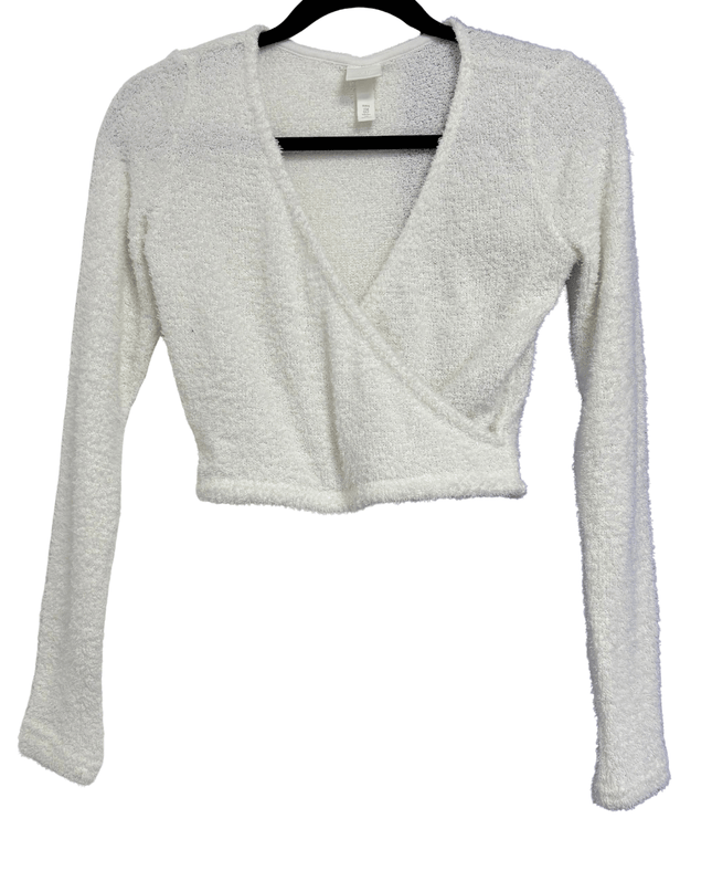 H&M White Textured Knit Wrap Front Long Sleeve Crop Top