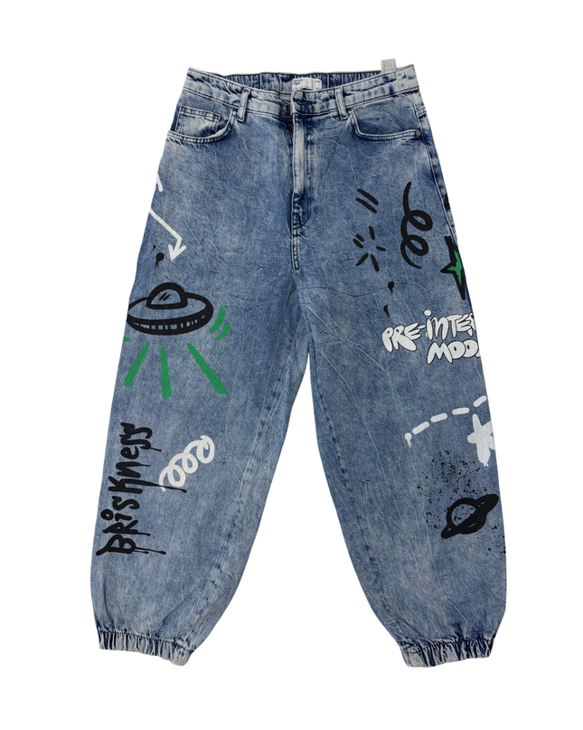 Bershka Graffiti Print Blue Denim Jogger Jeans - M | Waist: 32"