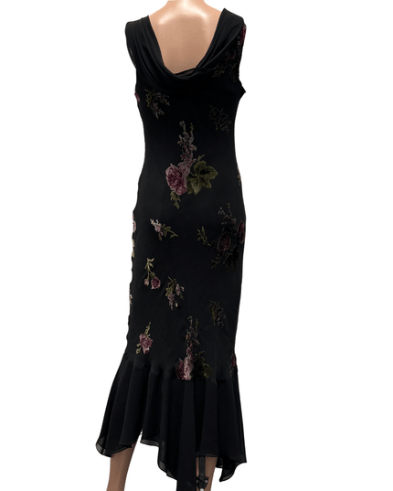 Vintage Black Floral Embroidered with Flared Hem Midi Dress