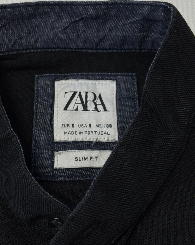 Zara Slim Fit Black Mandarin Collar Short Sleeve Shirt