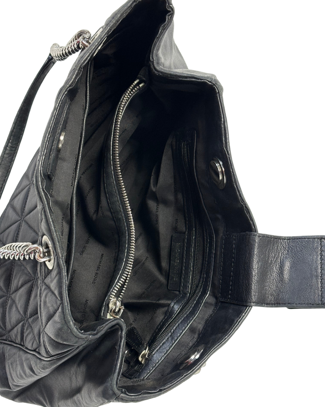 Michael Kors Black Quilted Leather Silver Chain Shoulder Straps Tote Bag