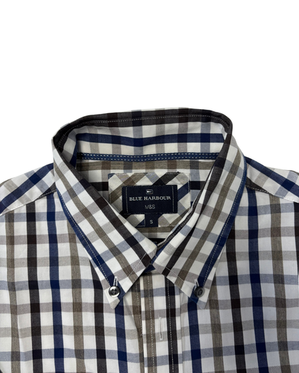 Blue Harbour by M&S Brown & Navy Check Button-Down Shirt - M