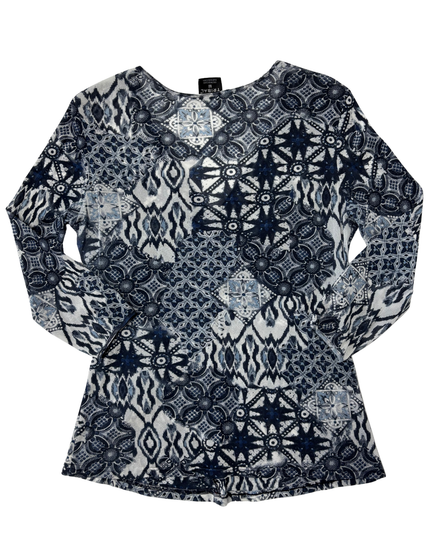 Tribal Blue & White Printed Faux Wrap Surplice Top