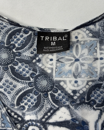 Tribal Blue & White Printed Faux Wrap Surplice Top