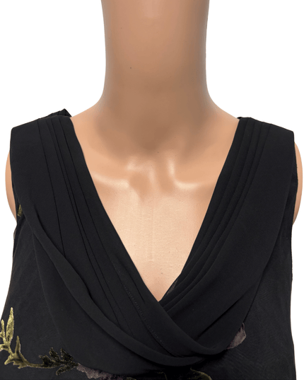 Vintage Black Floral Embroidered with Flared Hem Midi Dress