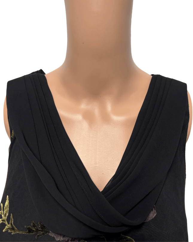 Vintage Black Floral Embroidered with Flared Hem Midi Dress