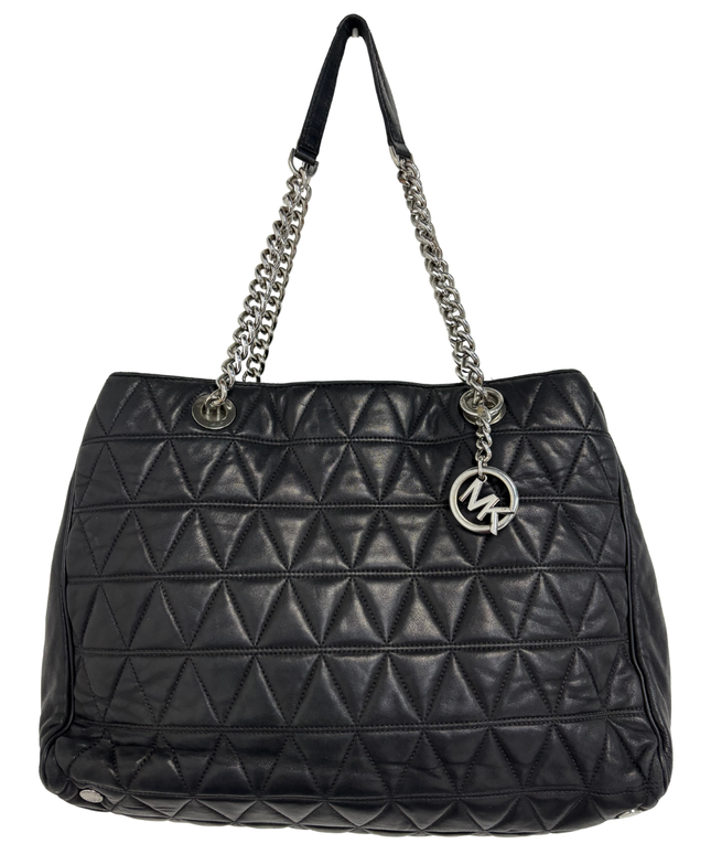 Michael Kors Black Quilted Leather Silver Chain Shoulder Straps Tote Bag