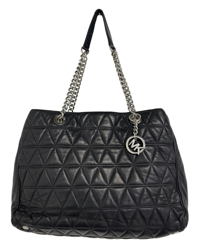 Michael Kors Black Quilted Leather Silver Chain Shoulder Straps Tote Bag