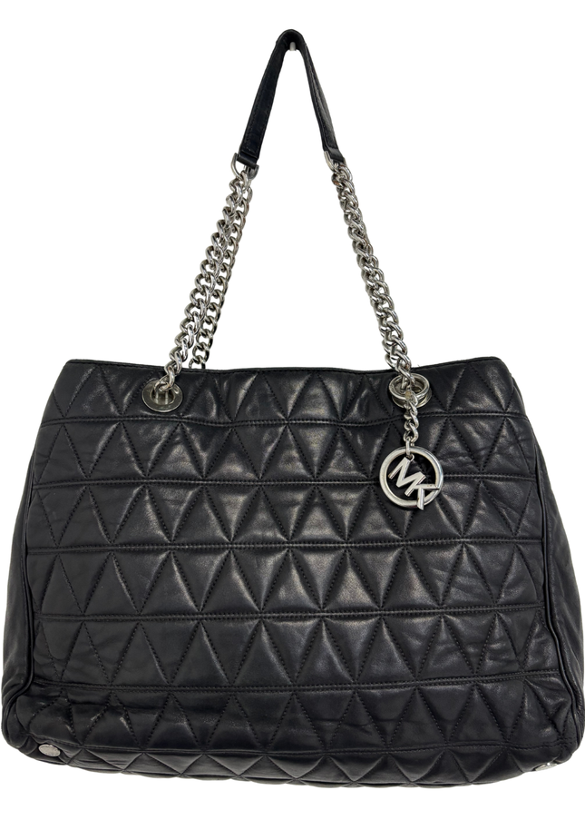 Michael Kors Black Quilted Leather Silver Chain Shoulder Straps Tote Bag