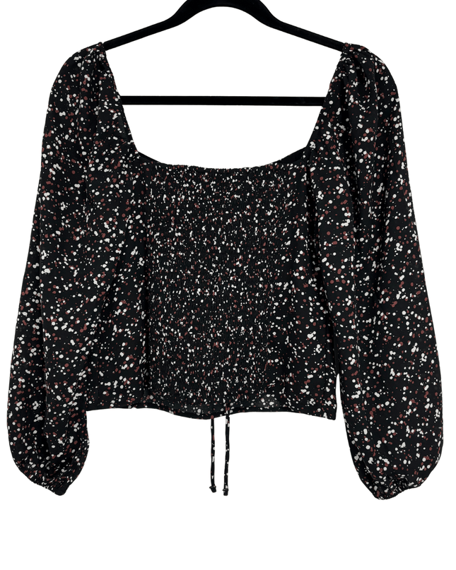 Abercrombie & Fitch Black Multi Dot Shirred Long Sleeve Crop Top