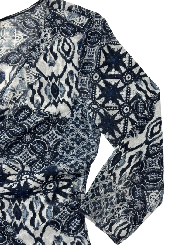 Tribal Blue & White Printed Faux Wrap Surplice Top
