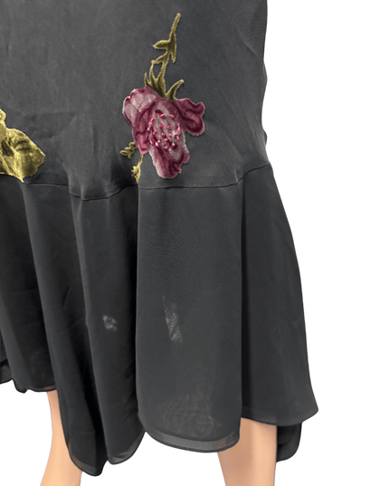 Vintage Black Floral Embroidered with Flared Hem Midi Dress