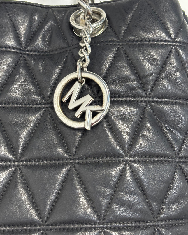 Michael Kors Black Quilted Leather Silver Chain Shoulder Straps Tote Bag