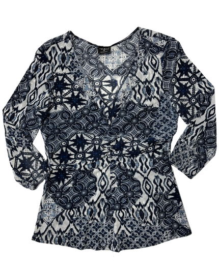 Tribal Blue & White Printed Faux Wrap Surplice Top