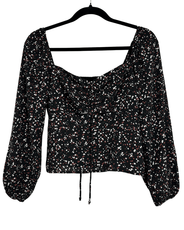 Abercrombie & Fitch Black Multi Dot Shirred Long Sleeve Crop Top
