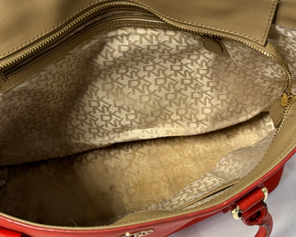 DKNY Bright Red Saffiano-Style Leather Gold Logo Structured Tote Bag
