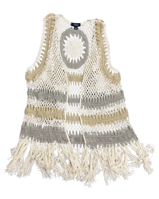 Great Northwest Indigo Boho Crochet Fringe Open In Earth Tones Vest - S
