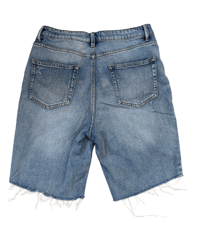 High Rise Longline Distressed Denim Shorts - S