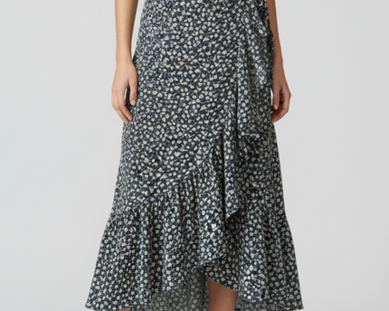 Pull&Bear Navy Blue Floral Ruffle Midi Skirt