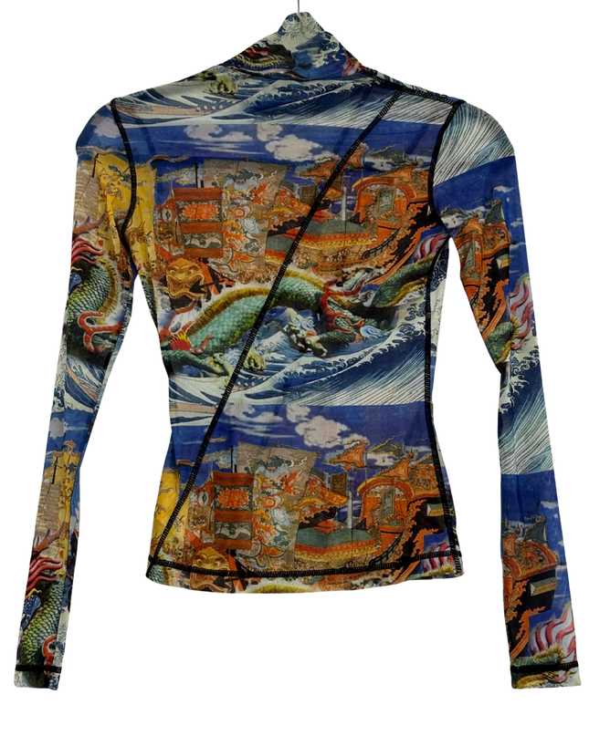 Angel Chen Dragon Ship Asian Print Mesh Multicolor Turtleneck Top
