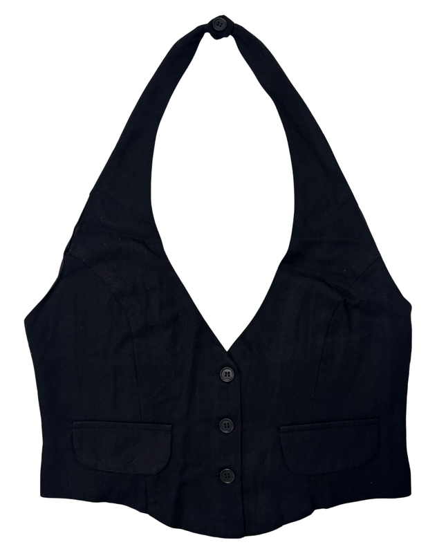 At Last Black Tailored Neck Waistcoat Halter Top - XS