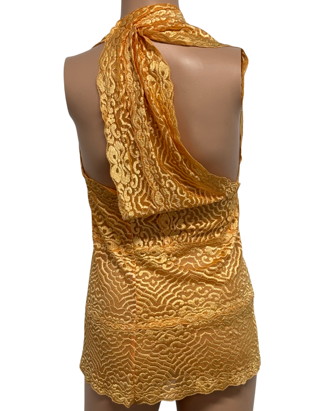Vintage Orange Sheer Lace Plunging V-Neck Y2K Clubwear Halter Dress