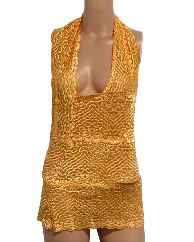 Vintage Orange Sheer Lace Plunging V-Neck Y2K Clubwear Halter Dress