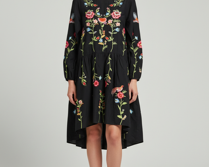 Zara Black Embroidered Floral Bird Tiered Mini Dress