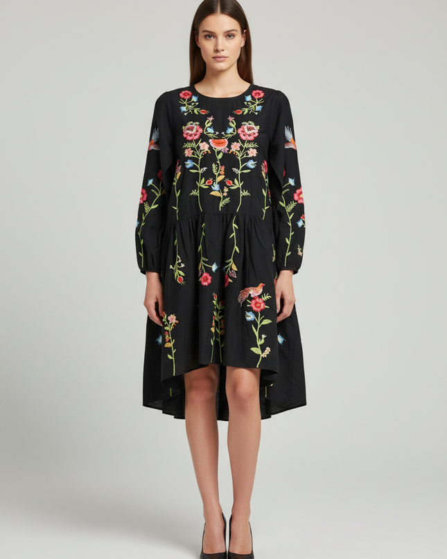 Zara Black Embroidered Floral Bird Tiered Mini Dress