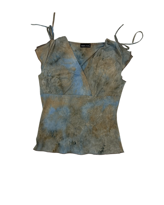 Wet Seal Blue & Brown Tie-Dye Wrap Tie-Shoulder Top - XXS
