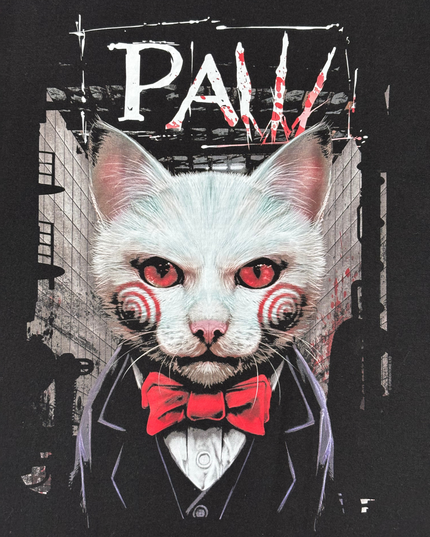 Grindstore Paw Saw Cat Horror Parody Black Graphic T-Shirt - M