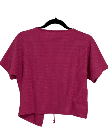 ZARA Pink Ribbed Short Sleeve Drawstring Hem V-Neck Crop Top