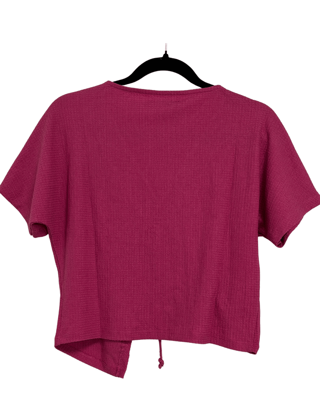 ZARA Pink Ribbed Short Sleeve Drawstring Hem V-Neck Crop Top