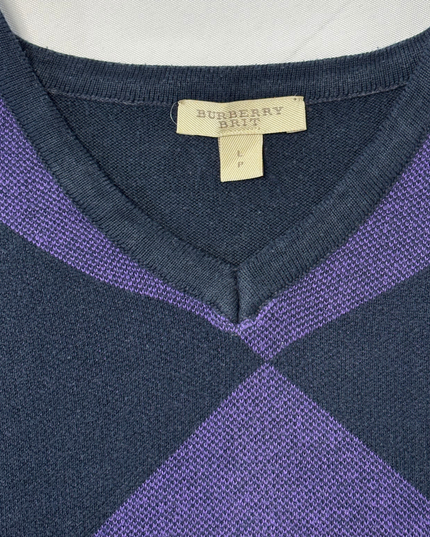 Burberry Brit Navy & Purple Argyle V-Neck Wool Sweater