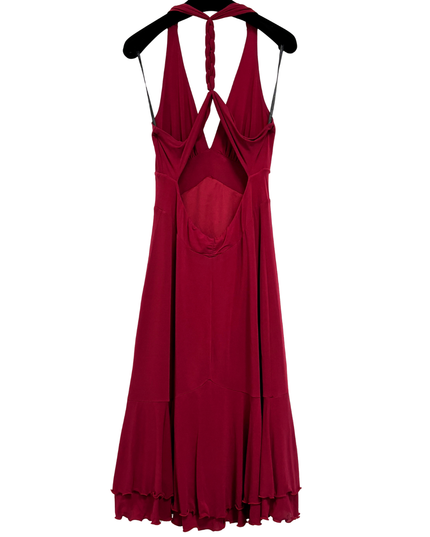Bebe Y2K Red Braided Halter Open Back & Ruffle Hem Midi Dress