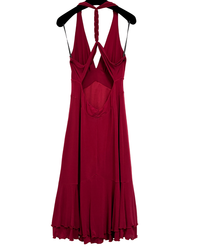 Bebe Y2K Red Braided Halter Open Back & Ruffle Hem Midi Dress