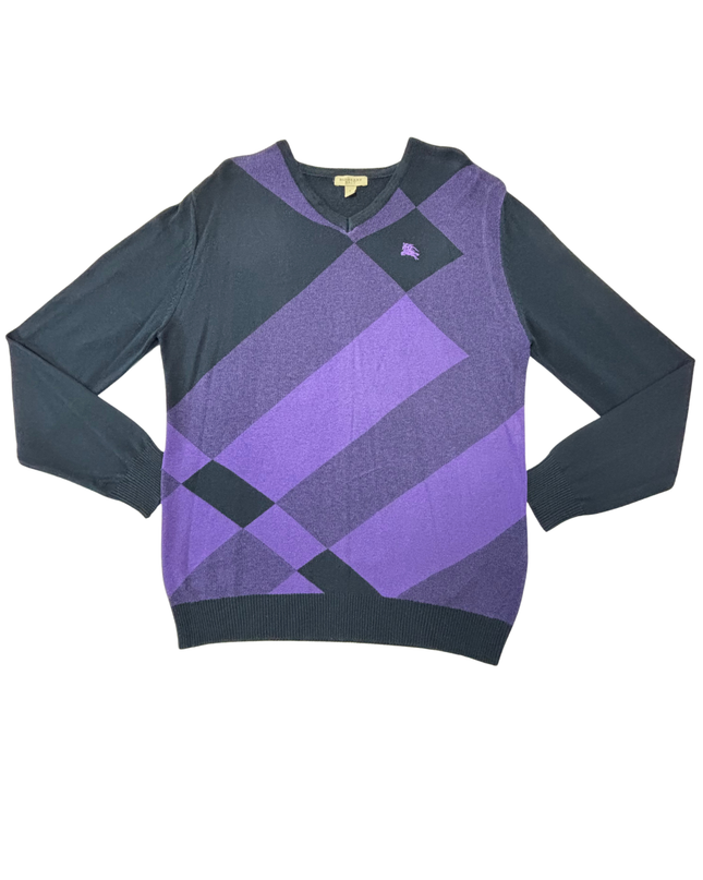 Burberry Brit Navy & Purple Argyle V-Neck Wool Sweater