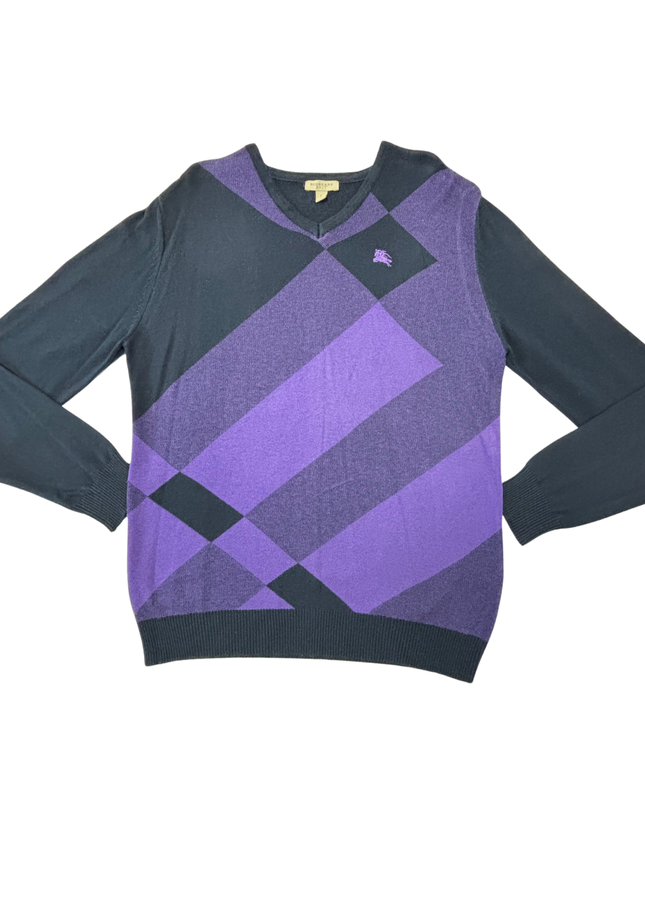 Burberry Brit Navy & Purple Argyle V-Neck Wool Sweater
