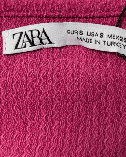 ZARA Pink Ribbed Short Sleeve Drawstring Hem V-Neck Crop Top