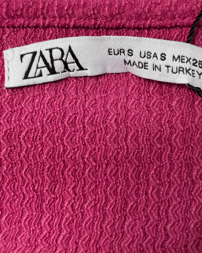 ZARA Pink Ribbed Short Sleeve Drawstring Hem V-Neck Crop Top