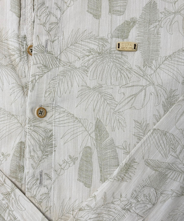 U.S. Polo Assn. Regular Fit Beige Tropical Print Long Sleeve Banded Collar Shirt