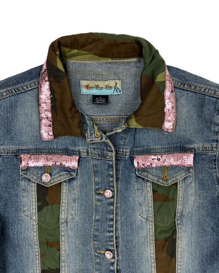 Too She She Camo Panel Pink Sequin Embellished Blue Denim Jacket - M