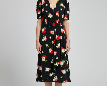 Phase Eight Black Floral Wrap Midi Dress