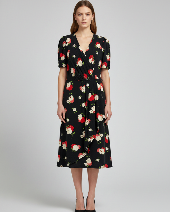 Phase Eight Black Floral Wrap Midi Dress