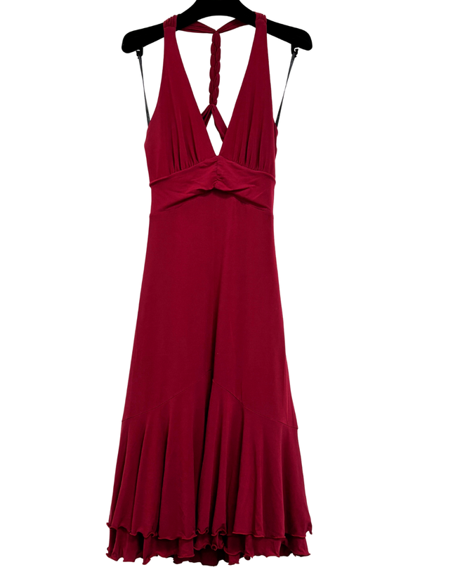 Bebe Y2K Red Braided Halter Open Back & Ruffle Hem Midi Dress