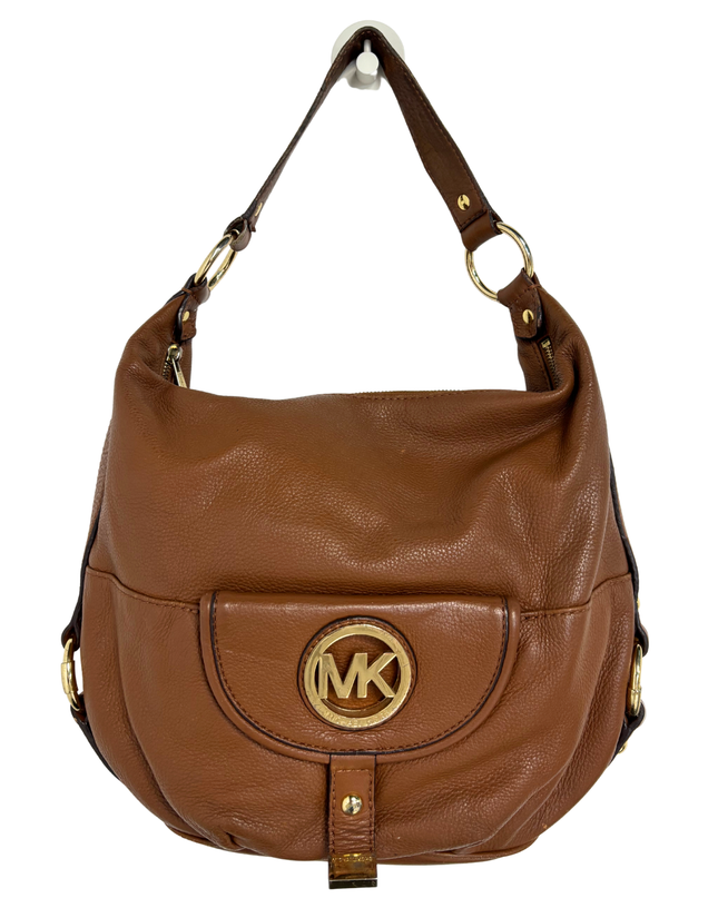 Michael Kors Brown Pebbled Leather Fulton Large MK Logo Slouchy Hobo Bag