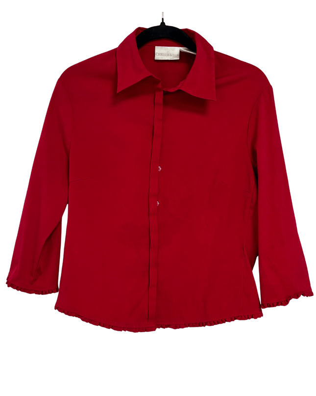 Christie & Jill Ruffle Trim Button-Up Red Blouse