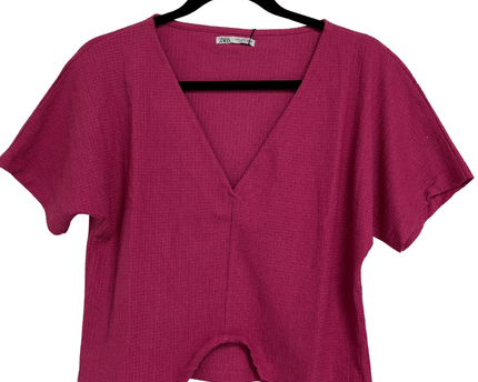 ZARA Pink Ribbed Short Sleeve Drawstring Hem V-Neck Crop Top