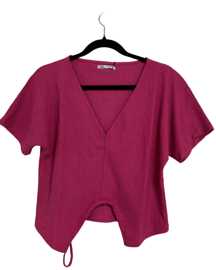 ZARA Pink Ribbed Short Sleeve Drawstring Hem V-Neck Crop Top
