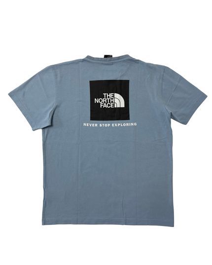 The North Face Light Blue Box Logo "Never Stop Exploring" T-Shirt - M